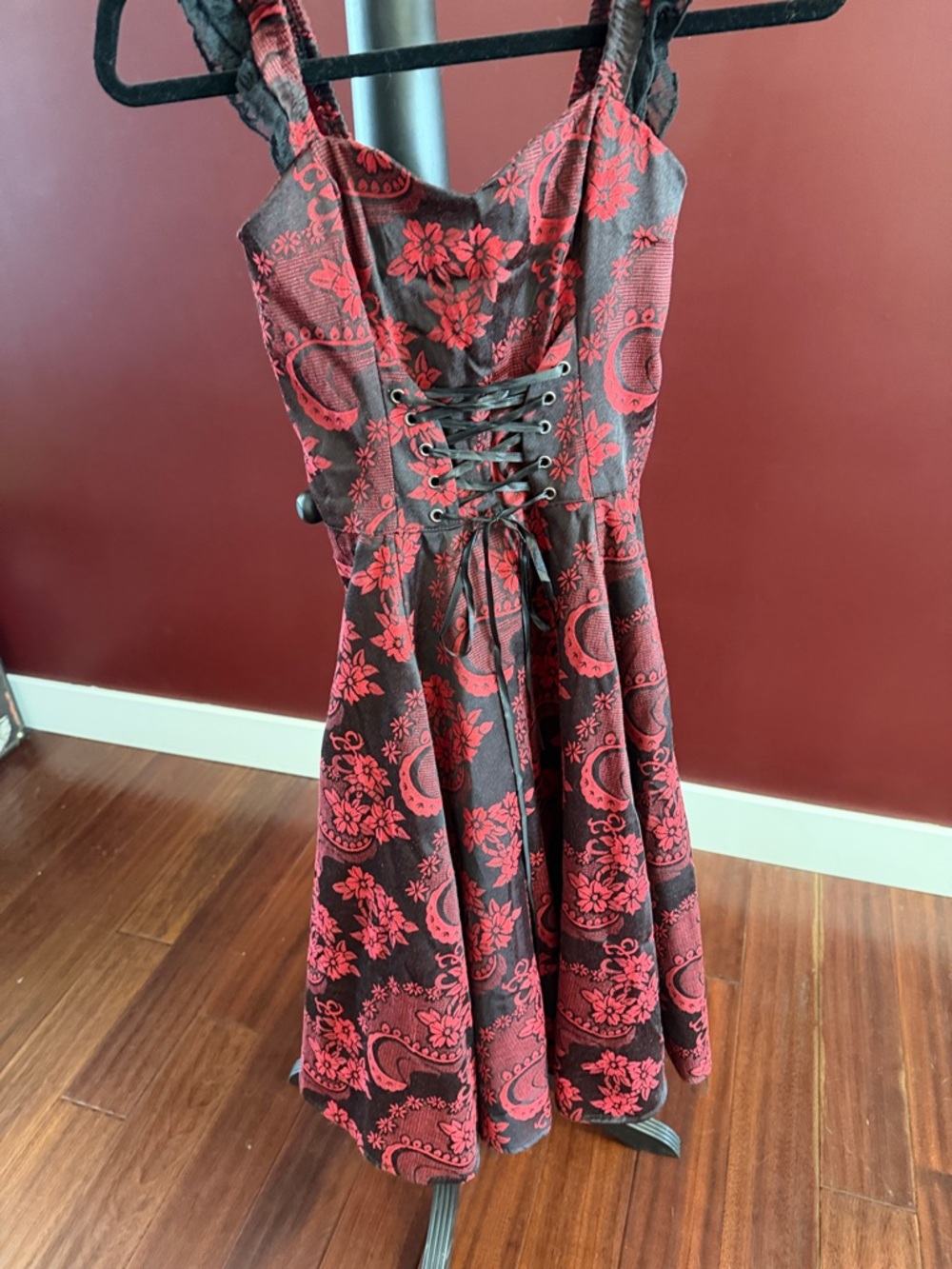 Red & Black Floral Lace-Up Midi Dress